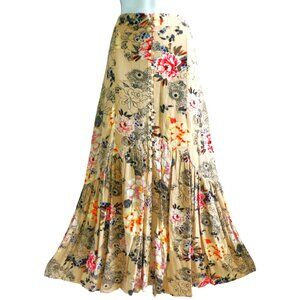 Vintage 90s V Cristina Maxi Skirt Floral Crinkle Fabric Button Front Gather Boho